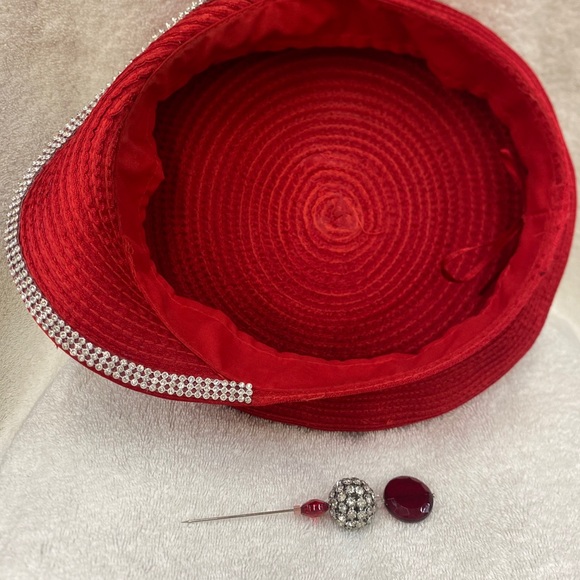 Vintage Custom Made Red Rhinestone Church/Wedding Hat W/Bib And Matching Hat Pin main image 6